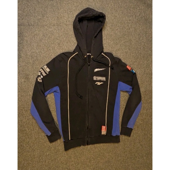 Vintage Yamaha Racing Full Zip Hoodie Rare Black Blue Large Car Jacket